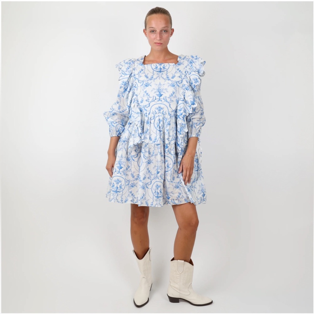 HORROR VACUI SIZE L LARGE ruffle balloon sleeves white blue print mini